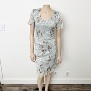 [Vintage] 90s Connected Apparel Mint Green Metallic Lace Floral Midi Dress Sz 10
